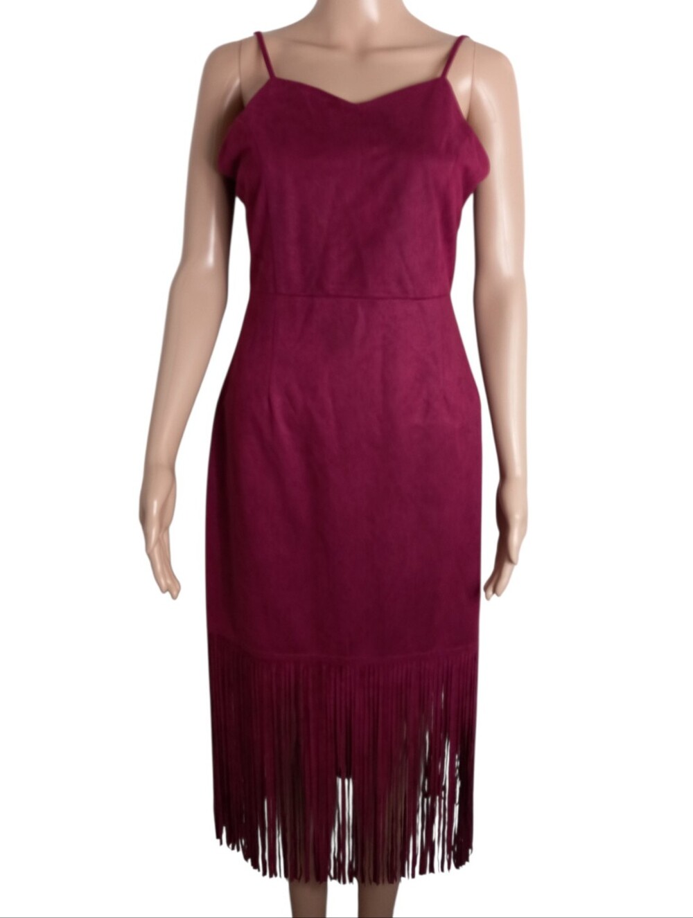 NWT fab'rik Burgundy Faux Suade soft Fringe Slip Midi Dress Size 10